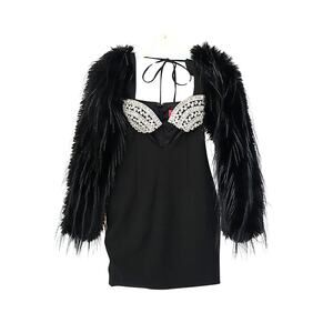 Idonea Black Faux Fur Sleeve Crystal Bustier Dress - Black - XS